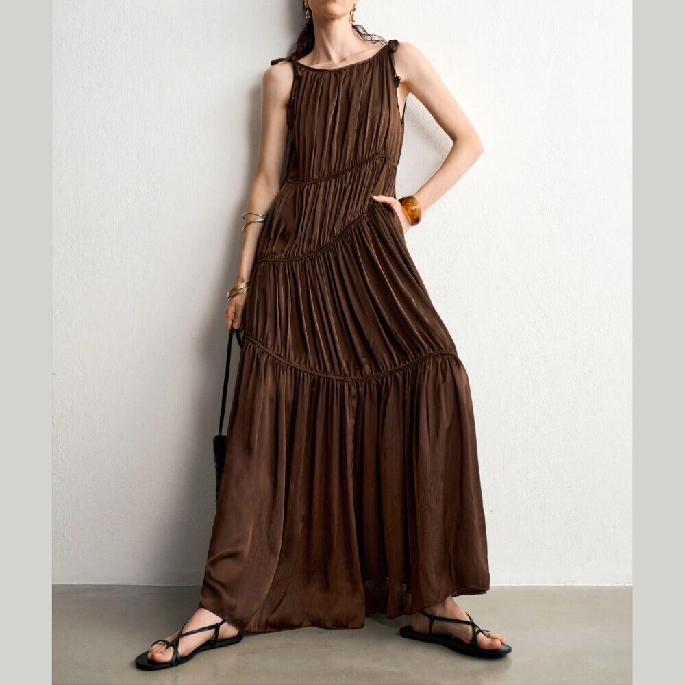 Chocolate Brown Tiered Cinched Maxi Dress with Shoulder Ties - Picture 7 of 9